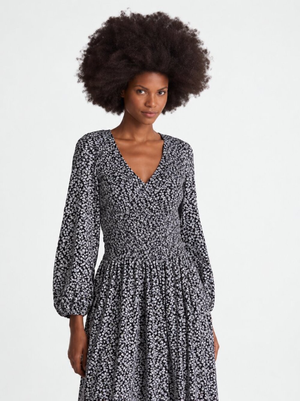 Madewell Smocked V-Neck Floral Midi Dress Long Sleeve Size XL
